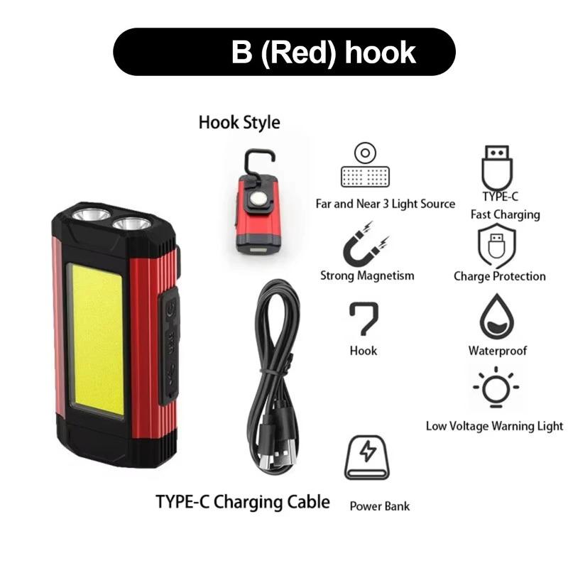 LED-Arbeitsleuchte mit USB-C-Ladefunktion, roter Magnet, wasserdicht, mit Haken, wiederaufladbar, faltbar, COB-Rotationsleuchte, hellste Leuchte