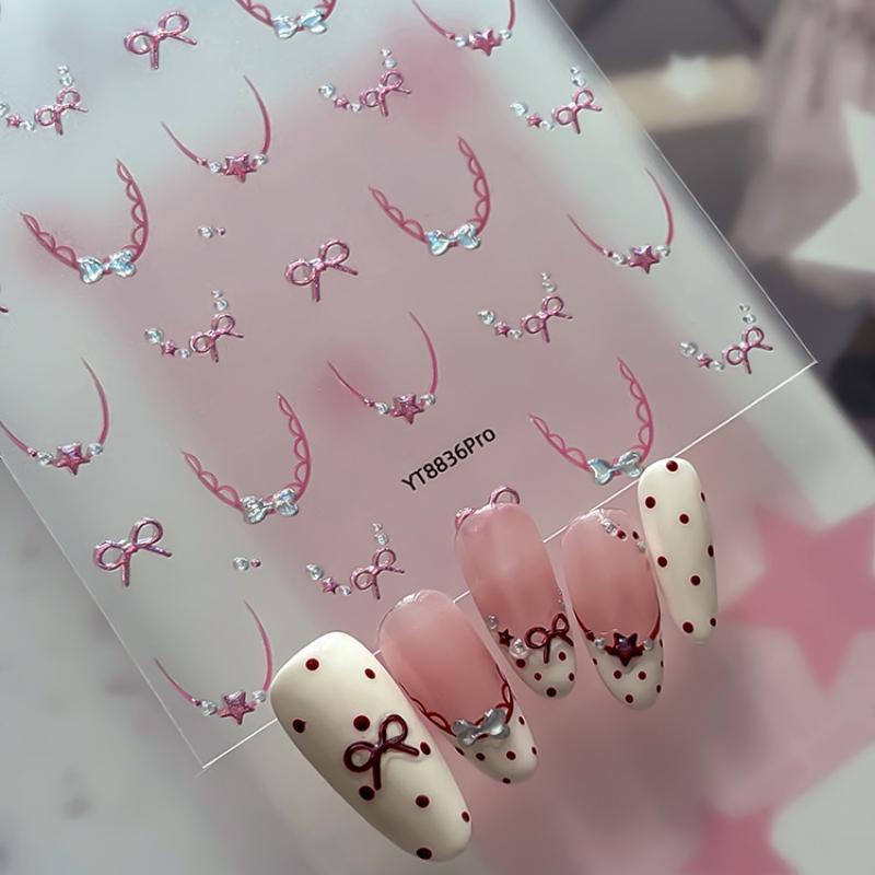 Nail Stickers Cute Bow Stars French Lace 3D Self-Adhesive DIY Nail Art Decals for Home Salon Manicure Beginners