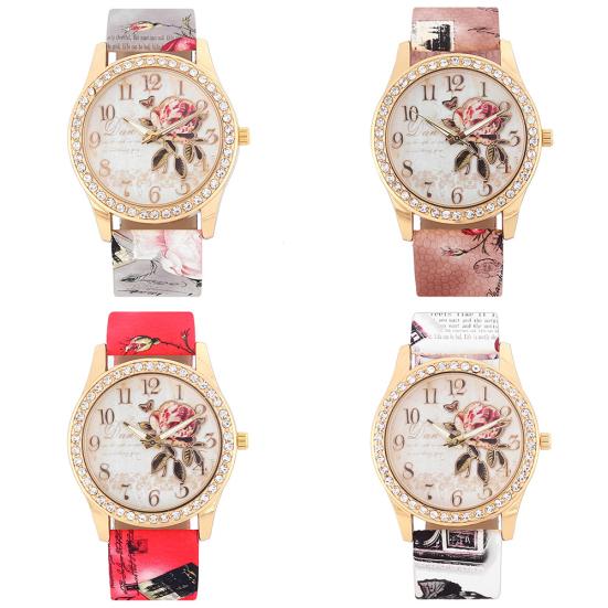 Fashion Women Rhinestone Wrist Watch Casual Rose Pattern Quartz Wristwatch