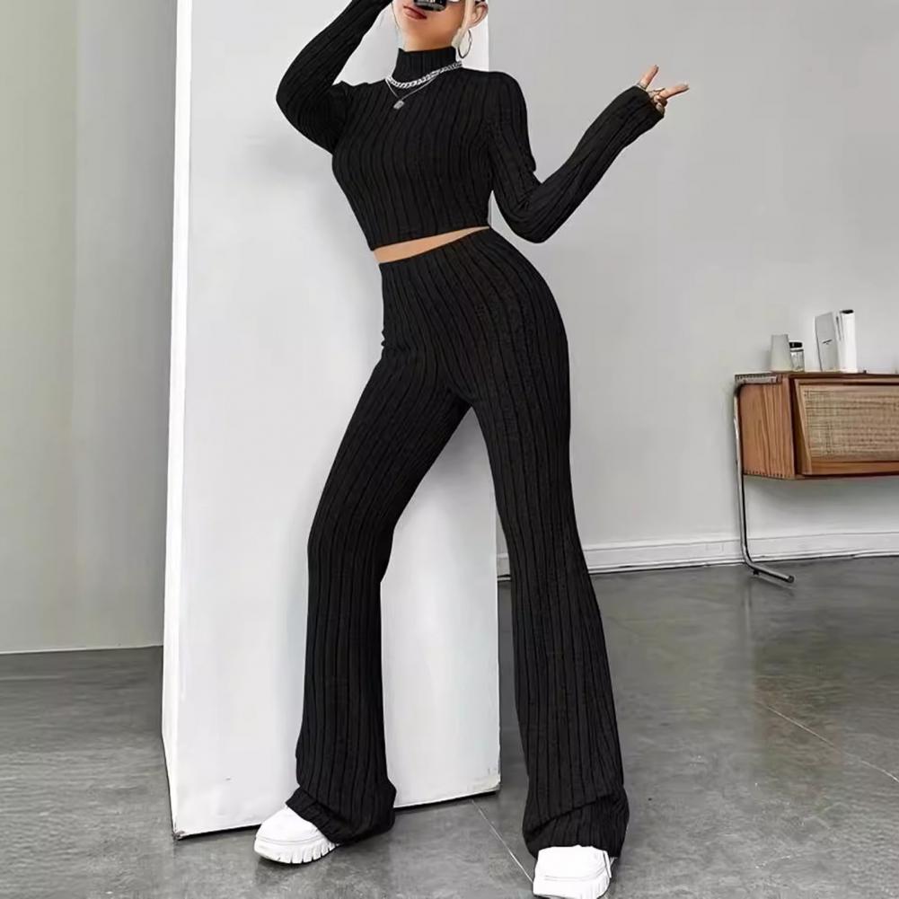 2 Pcs/Set Fall Winter Women Top Pants Set Half-high Collar Long Sleeves Slim Fit Sweatshirt High Waist Solid Color Striped Trous