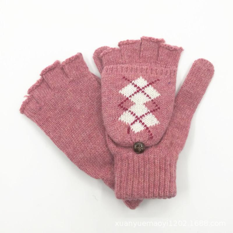 Wool Gloves Men'S And Women'S Snowflake Flip Dual-Purpose Thermal Half-Finger Gloves Deer Knitted Split-Finger Gloves