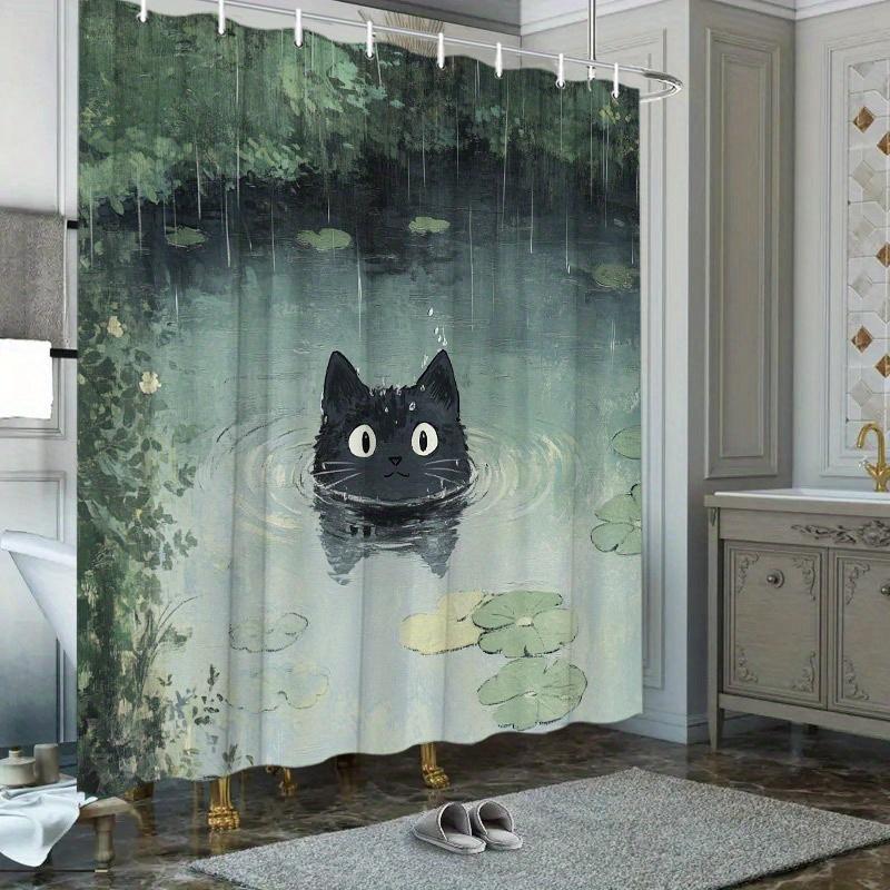 

Vikama Black Cat Pond Shower Curtain Stylish Bathroom Decor With Water Lilies And Rainy Day Background W60H190(CM)-1 Pcs