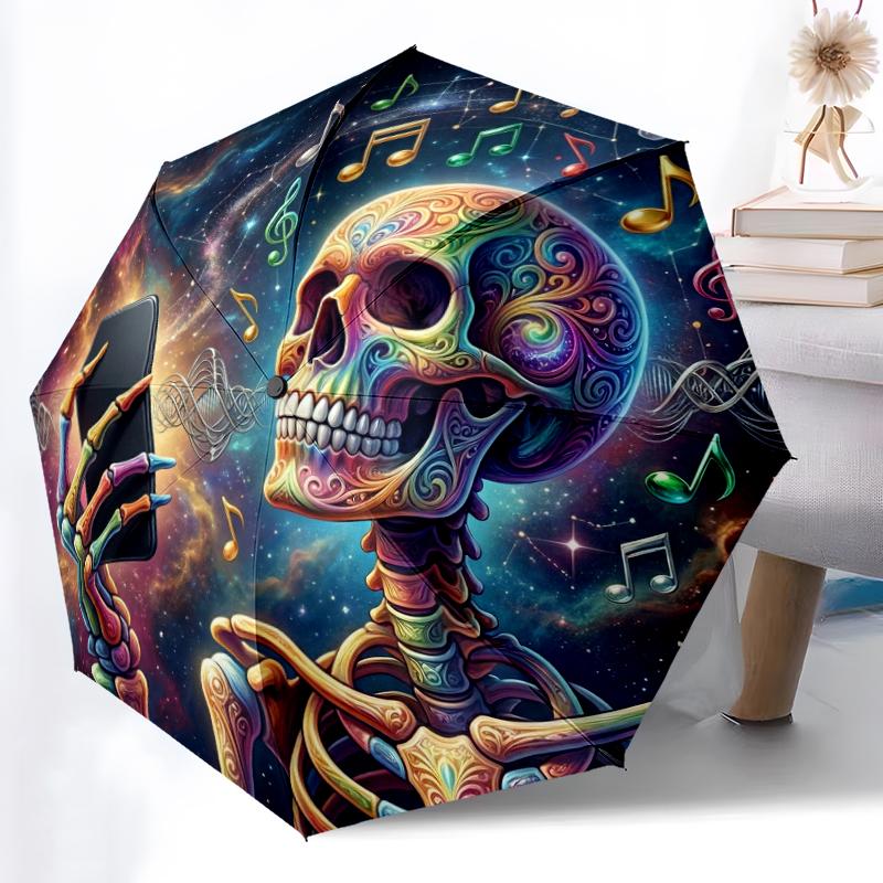 1 Stück Stabiler Automatikschirm mit 8 Speichen, Gotischer Totenkopf Kosmischer Glow Schirm, Digital Bedruckt, Faltbarer Schirm für Unterwegs im Freien