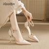 French Elegant High Heel Sandals Suede PU Ankle Strap Thin Heels Pointed Toe Women's Dress Sandals Size 34-40 Sandalias De Mujer