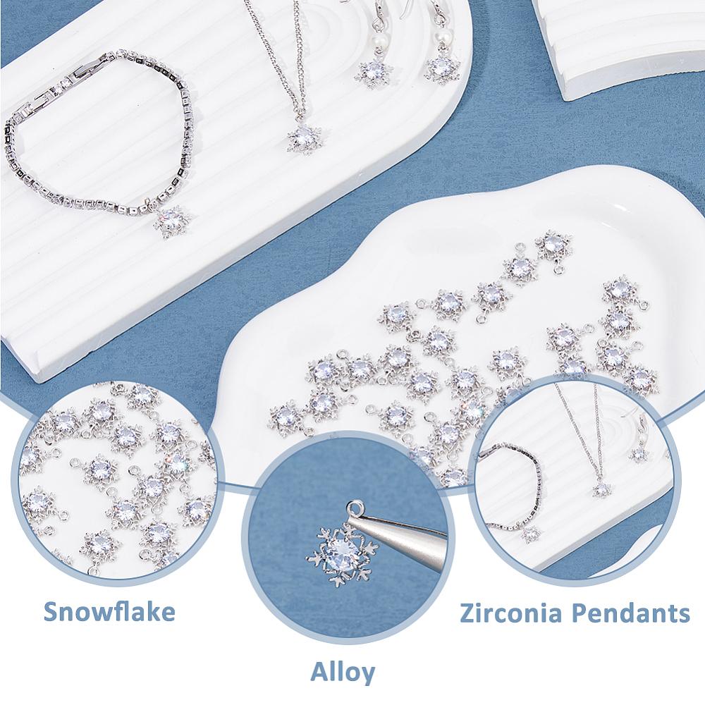 40Pcs Alloy Cubic Zirconia Pendants Snowflake Platinum 17x12x3.5mm Hole: 1.5mm