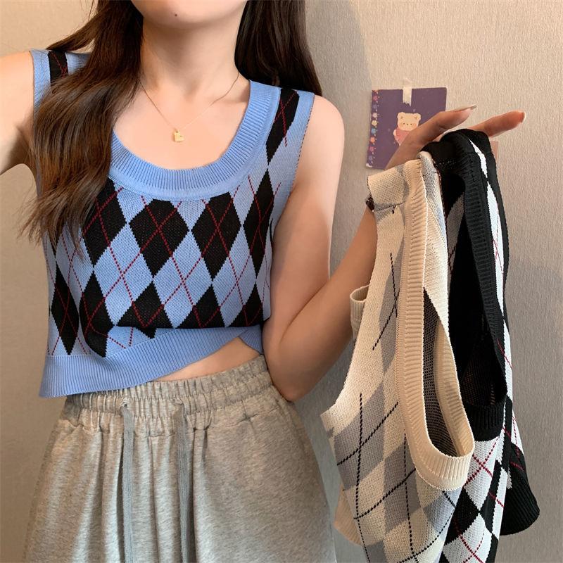 Summer Knitted Argyle Versatile Short Camisole Tank Women's Slim Outerwear Inner Top