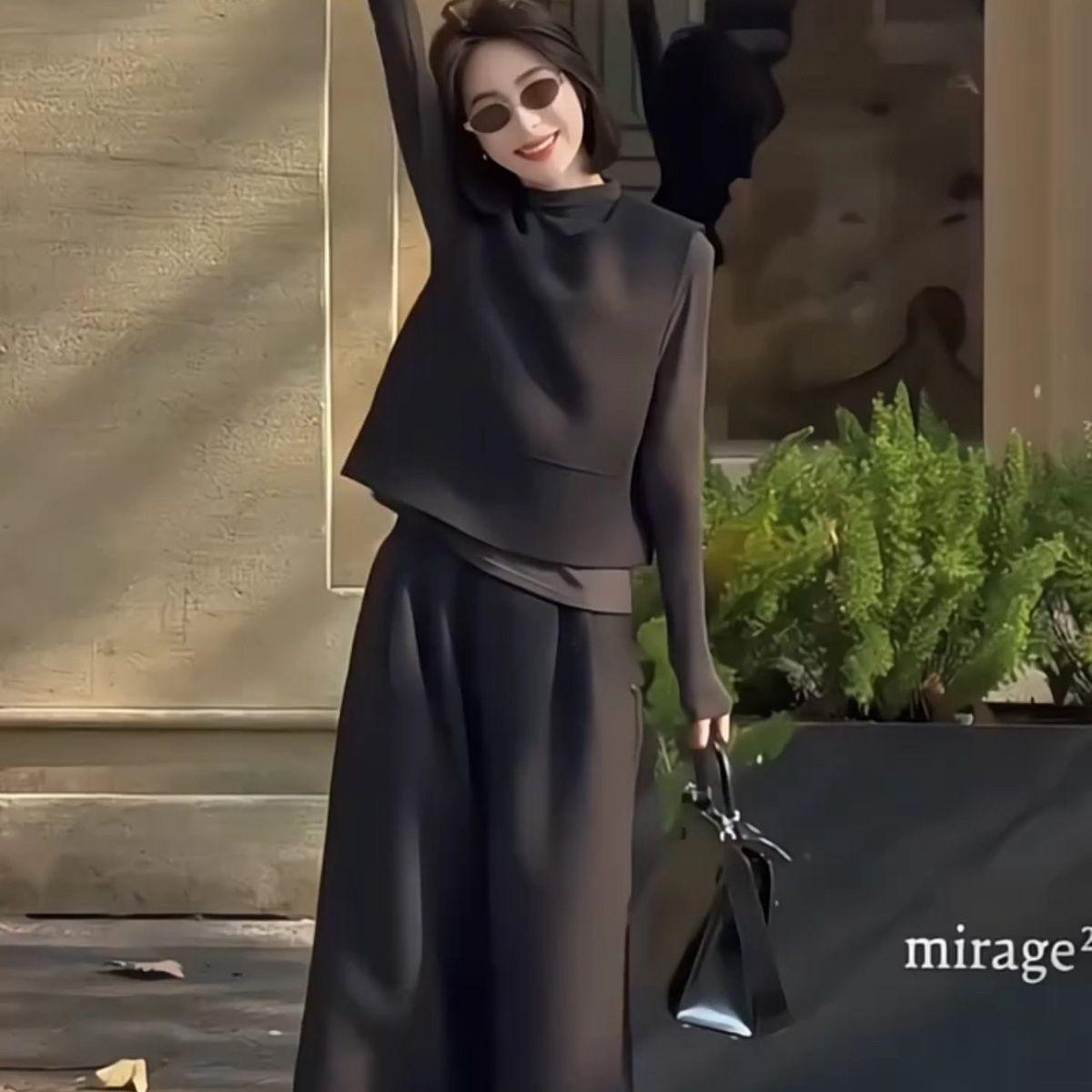 

2026 Early Spring New Designer Casual Three-Piece Set: Simple Pullover Vest, Base Layer, Wide-Leg Cropped Pants 4XL (150-160 Jin) чёрный