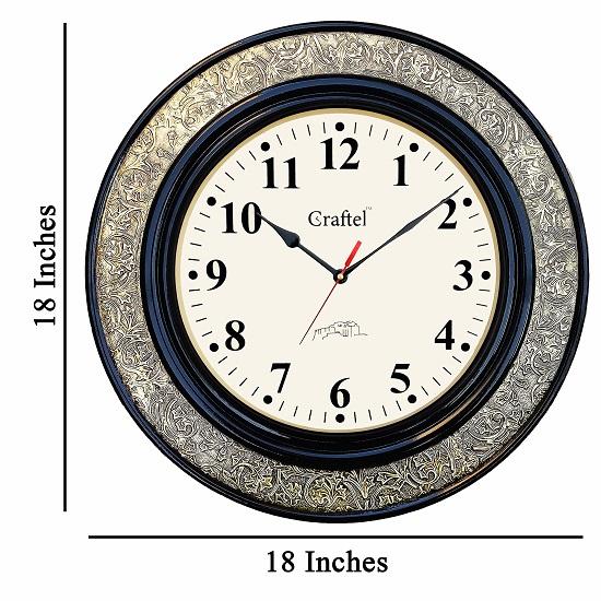 Brass Embossed Analog Wall Clock Round Vintage Clock For Bedroom Living Room Home And Office (Brown) - 45.7 Cm