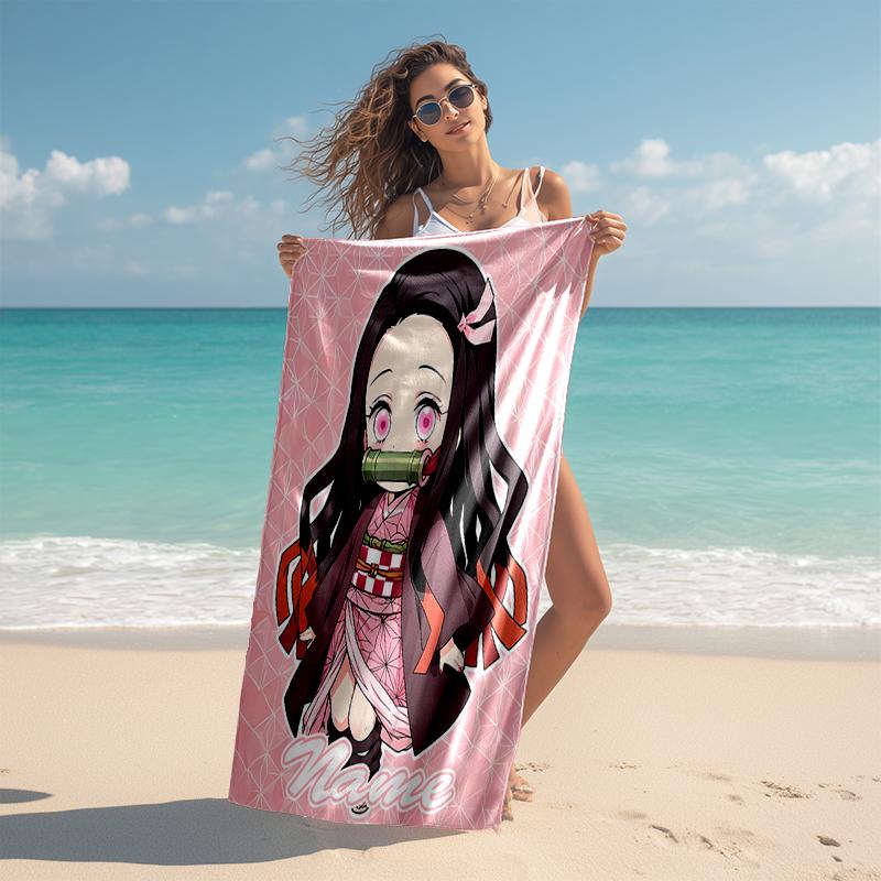 Personalized customized proof beach towel with Demon Slayer character theme pattern - soft, absorbent, quick-drying, perfect swimming, camping&bathin