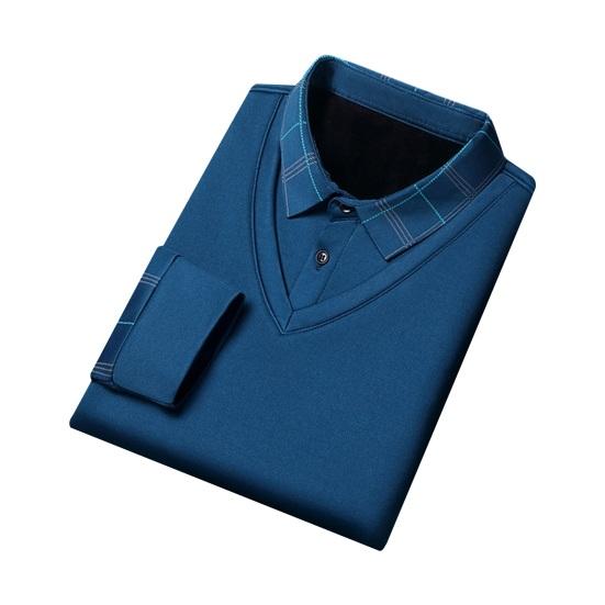 Fall Winter Men Sweater Fake Two-piece Lapel Plaid Slim Fit Thick Plush Warm Knitted Soft Long Sleeve Pullover Formal Business Style Mid-aged Men Top