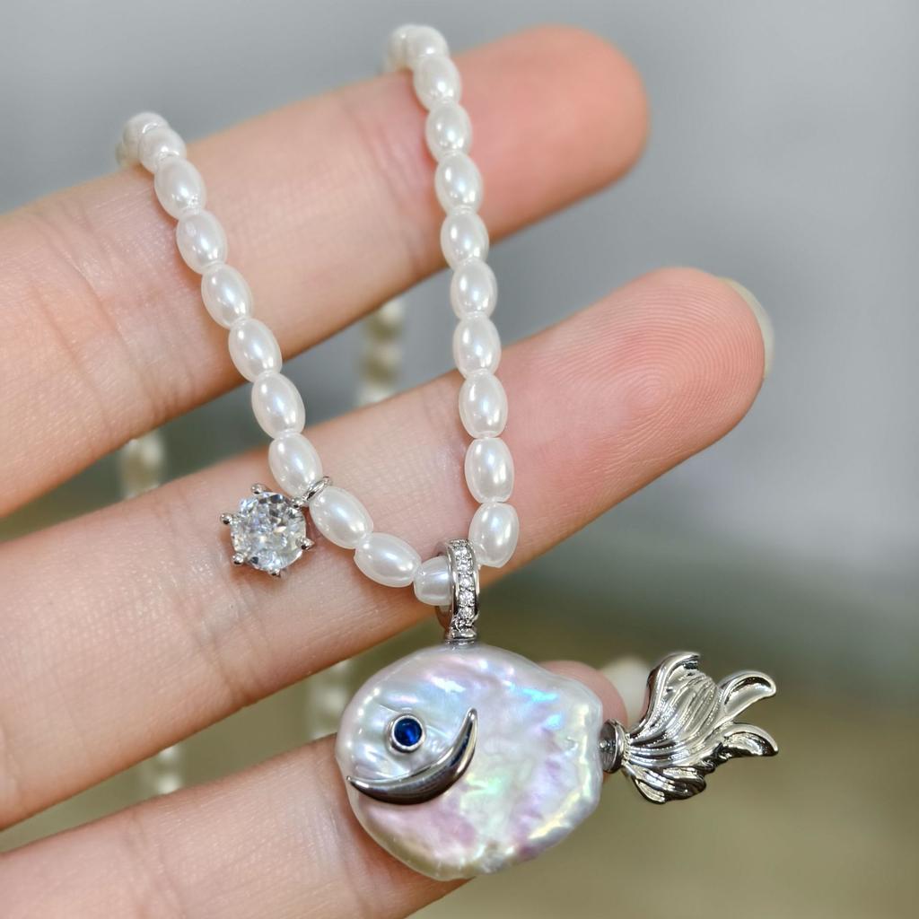 Ocean Natural Pearl Series Pendant Cute Pearl Fish Zircon Pendant Necklace