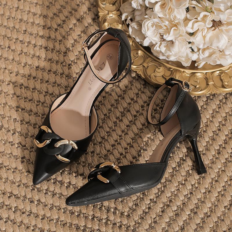 Zyp-LQ Women's Stiletto Pointed Toe Heels, Microfiber Leather, Chain Buckle, Sizes 31-44