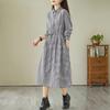 2025 autumn new retro literary medium and long plaid cotton and linen dress waist thin shirt skirt women