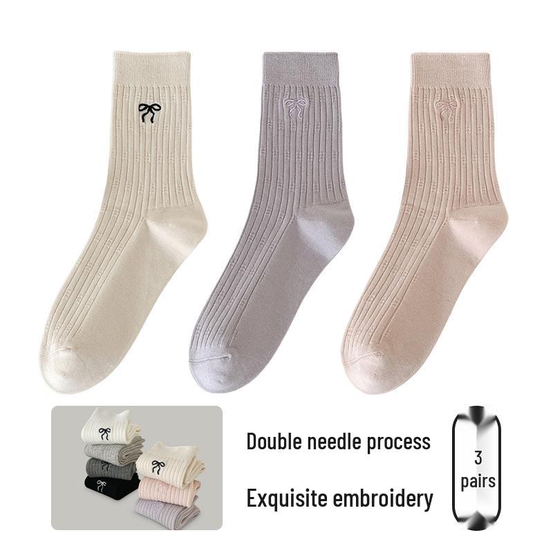 Girls' Mid-Calf Seamless Cotton Socks with Butterfly Embroidery - Wear-Resistant, Anti-Pilling, for Spring and Autumn