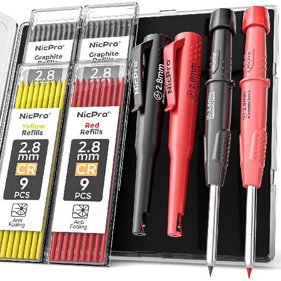 Nicpro 4 Pack CP3000 Carpenter Pencils with Sharpener, Mechanical Pencil Set with 76 Refills, Heavy Duty Construction Pencil, Carpenter Tools for 2 Pack