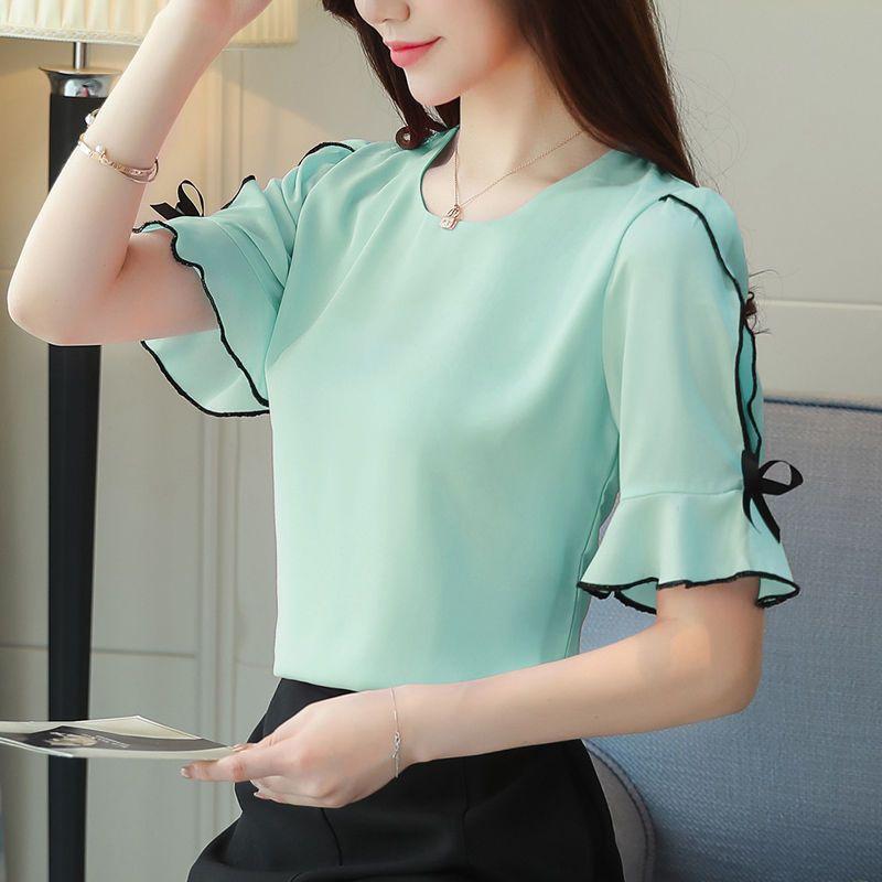 Short Sleeve Summer Tops Fashion Women Blouse Shirt Bow Sweet Top Women's Clothing Pink Apricot O-neck Chiffon Blouses