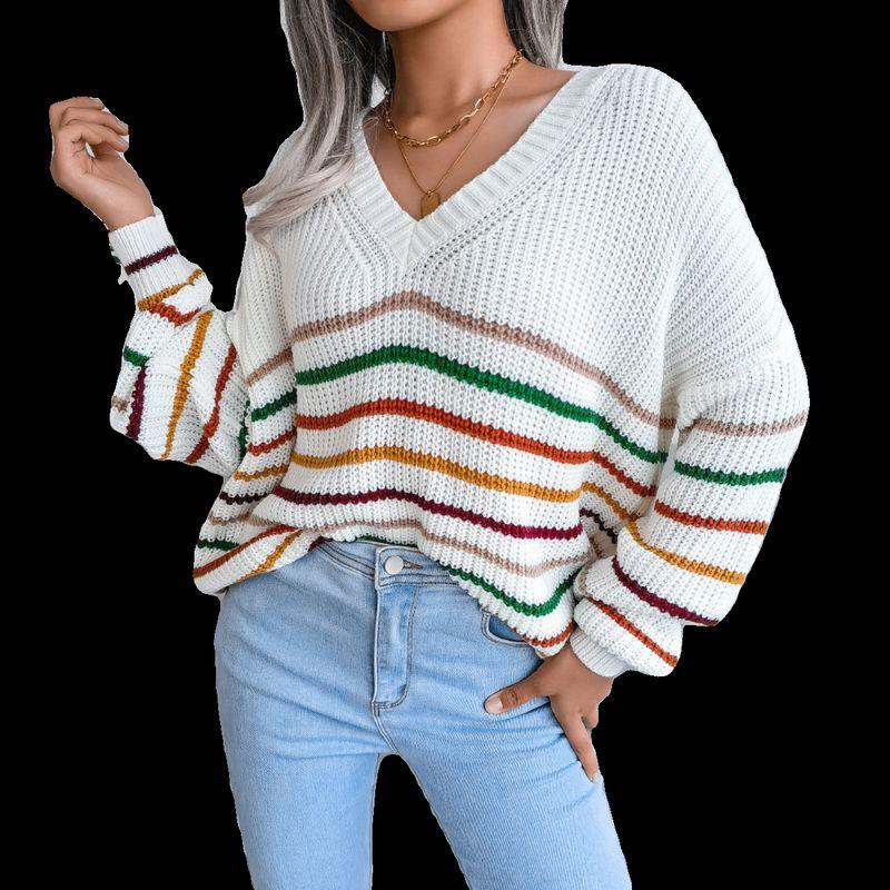 

2023 Rainbow Stripe Casual Loose Sweater Casual Loose Sweater White L