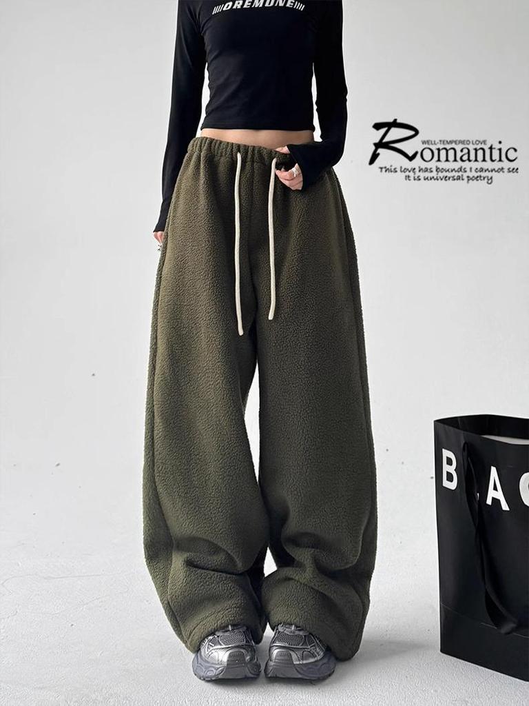 Women's Plush Fleece Wide-Leg Pants - High Waist, Loose Fit, Thickened for Winter 2025