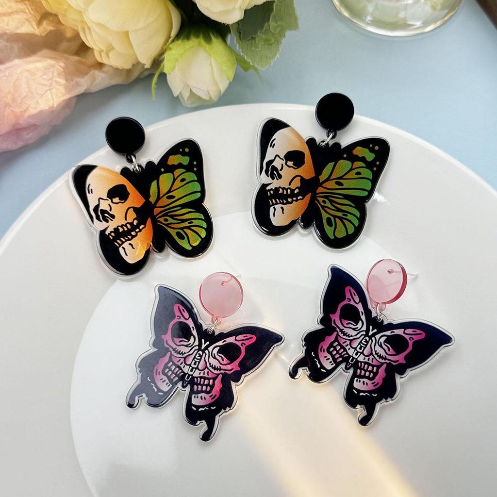 Silver Needle Butterfly Skull Acrylic Halloween Earrings for Women