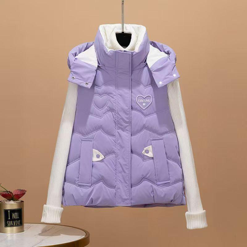 

Autumn and winter new short fashion love embroidery thickened warm sleeveless live hat down cotton vest XXL фиолетовый