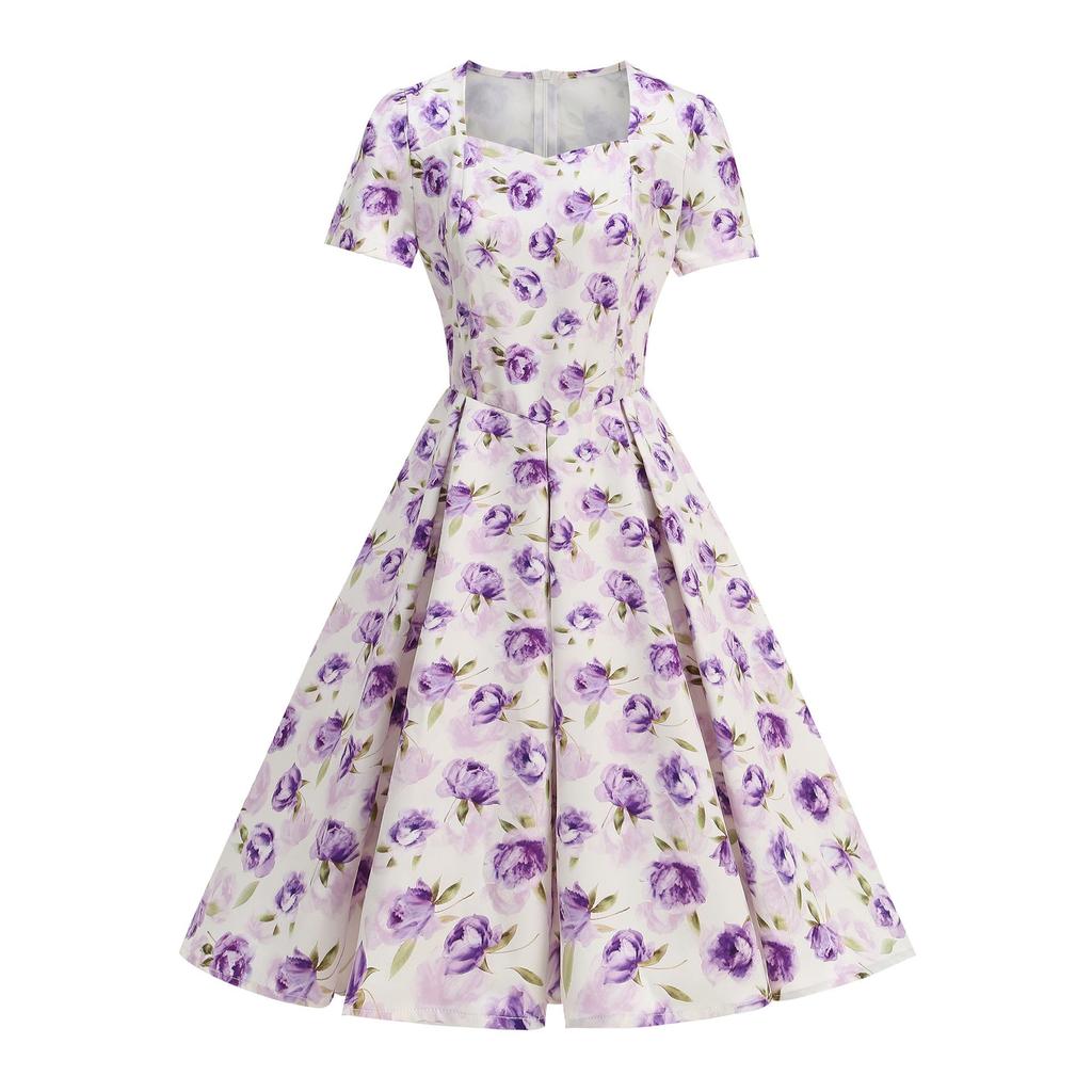 Letnia sukienka z kwadratowym dekoltem i nadrukiem w stylu vintage Hepburn