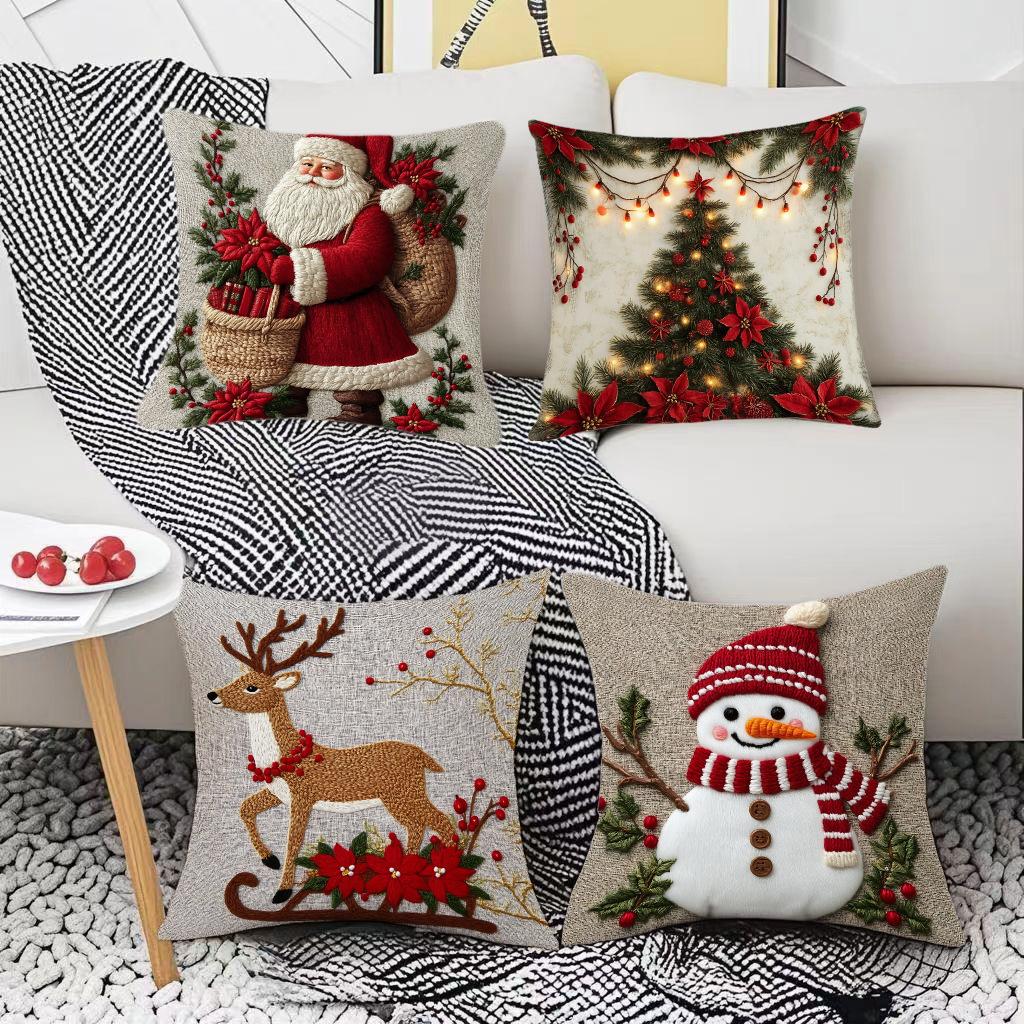 Christmas Embroidered Pillow Covers Set of 4 Santa Deer Snowman Cushion Cases Winter Holiday Sofa Decor (No Insert)