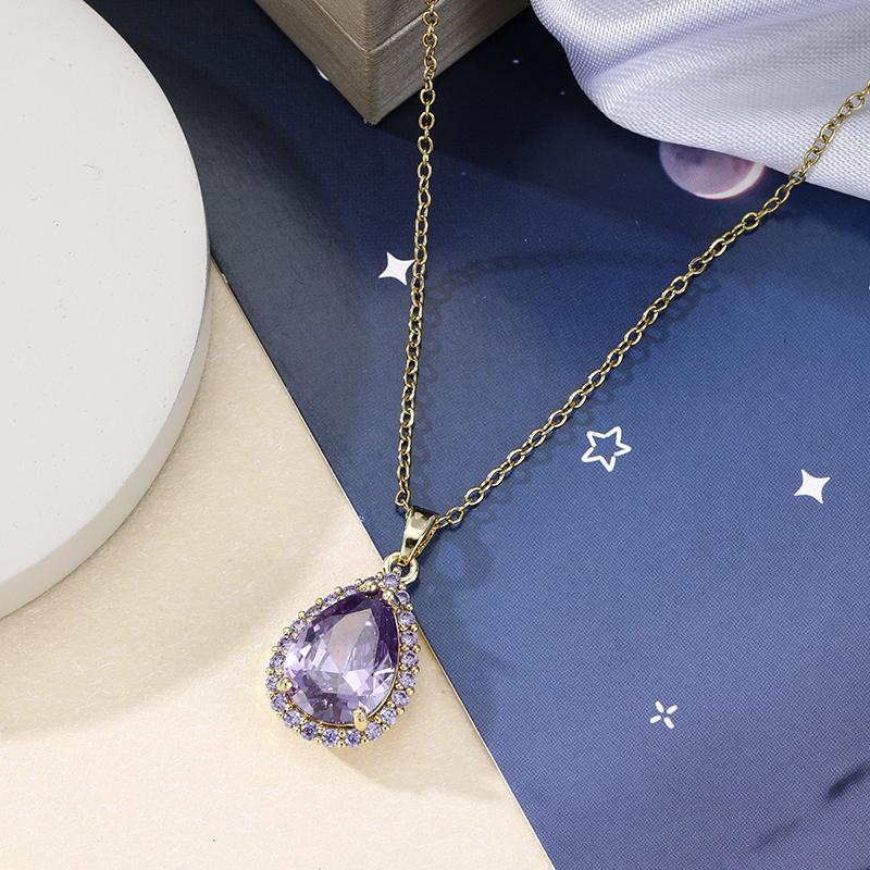 Luxurious Sparkling Purple Color Inlaid Zircon Water Drop Pendant Necklace, Ladies' Elegant Fashion Accessories Jewelry