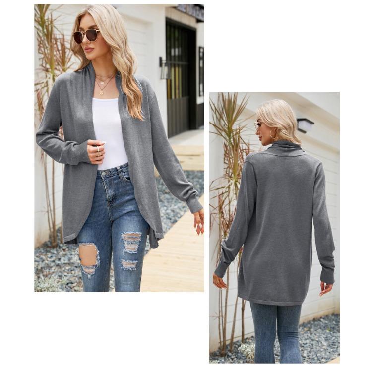 GMXIA Women's Solid Color Print Mid-length Sweater Coat Temperament Loose Knit Autumn Winter Long Sleeve V-Neck Jackets & Coats