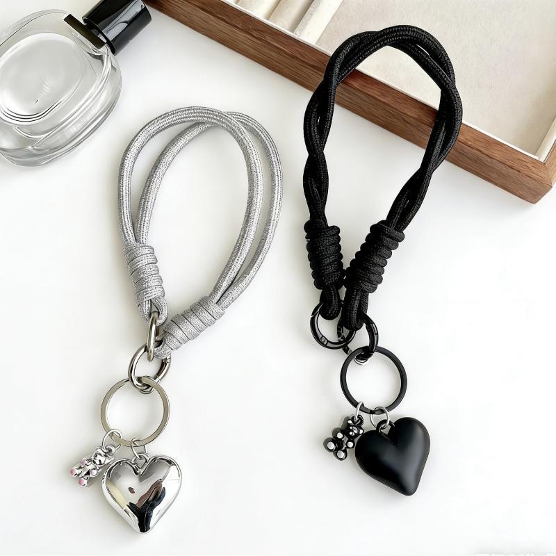 1Pc Silver Black Heart-Shaped Bear Charm For Mobile Phone Hanger Cute Mobile Phone Wristband With A Tie String