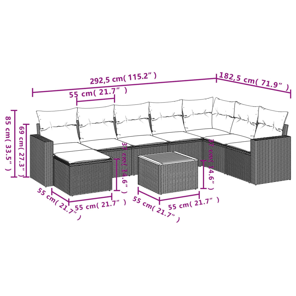 9-teiliges Gartensofa-Set mit Kissen Schwarzes Poly-Rattan
