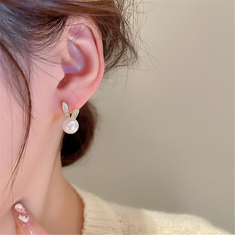 Delicate Floral Rabbit Ears Studs With Imitation Pearls Trendy Easter Jewelry For Women Fashionable Holiday Gift