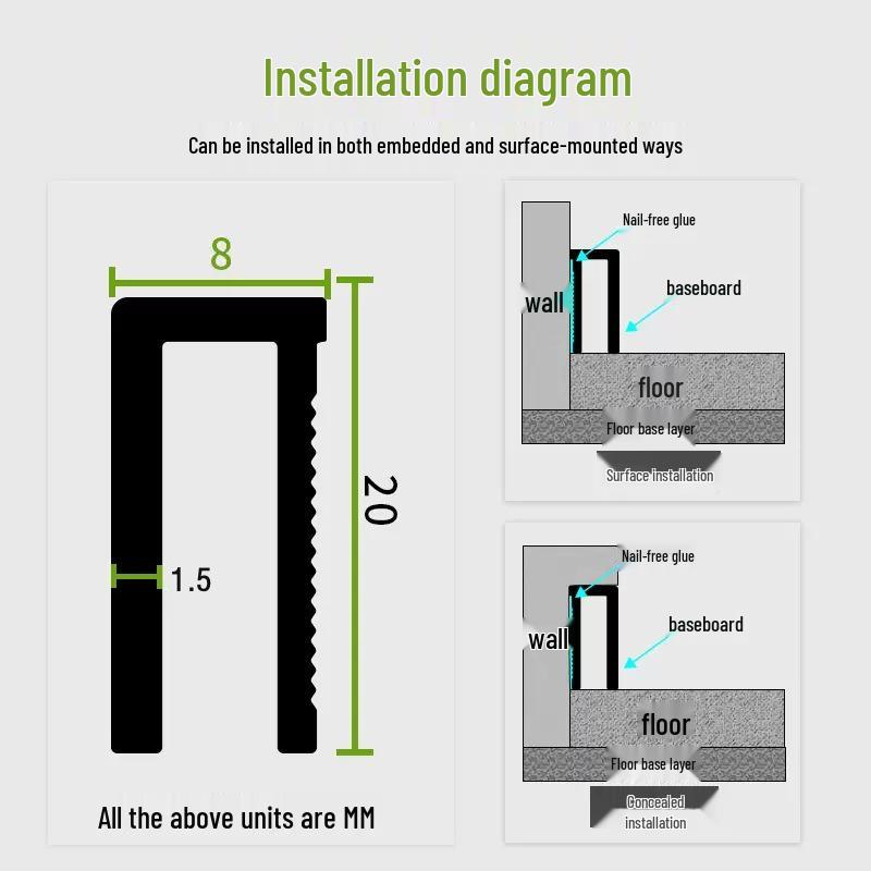 Ultra-Narrow 2cm Aluminum Alloy Self-Adhesive Metal Skirting Board