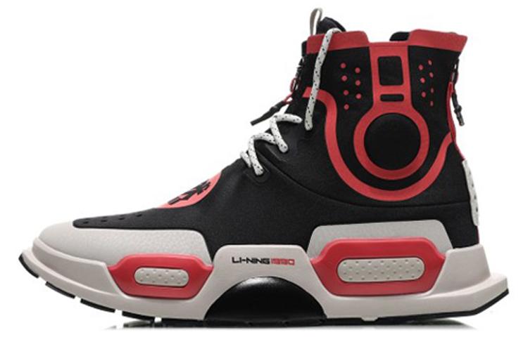 Li Ning Reburn Скользкие и износостойкие Покрытие Высокие Спортивные Повседневные Кроссовки Мужские Черные Красные AGBN054-1 37