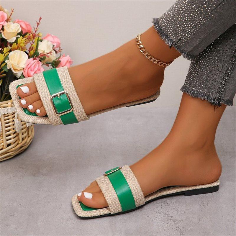 European and American Large-size Metal Buckle Flat Bottom Square Head One-word Slippers, Wearing Versatile Open-toed Dongmen Retro Cool Slippers Women