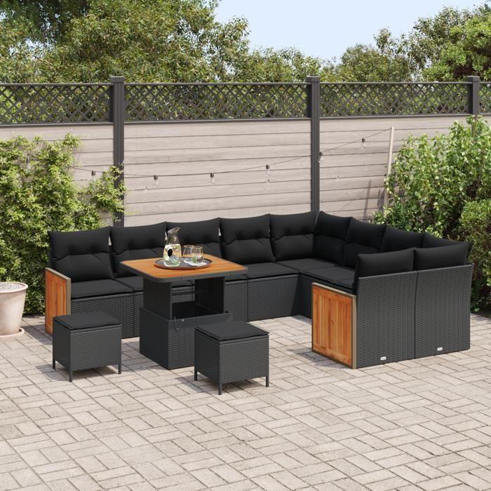 Set de Canapé de Jardin 12 Pièces avec Coussins Noir Poly Rattan Acacia, Set de Salle à Manger de Jardin 3 Pièces 3365289