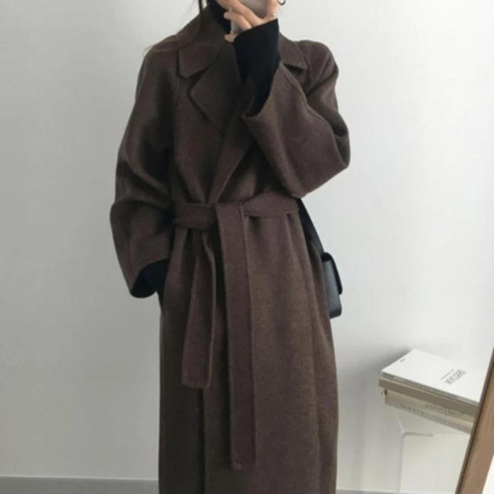 Autumn Winter Women Basic Lapel Solid Belt Woolen Coat Female Casual Commut Outwear Loose Midi Length Jacket Overcoat