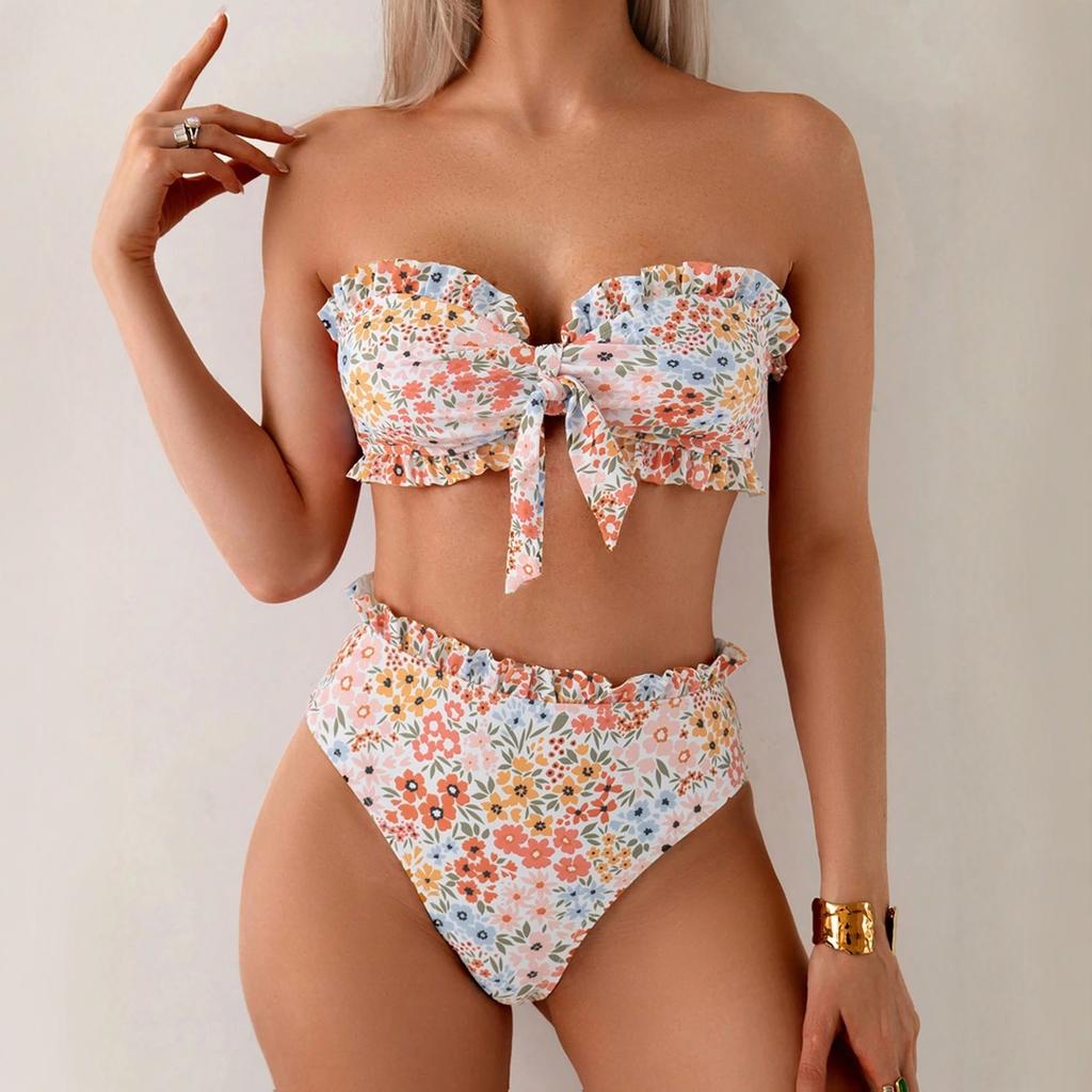 European And American Trend Printing Split Swimsuit Female Sexy Fungus Edge Bikini Suit