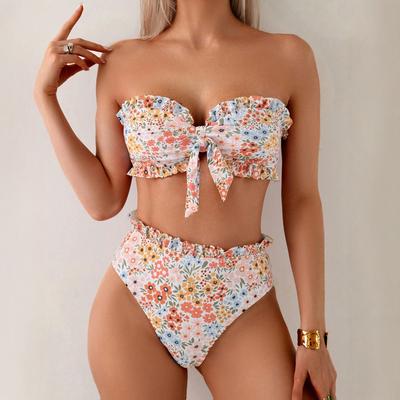 European And American Trend Printing Split Swimsuit Female Sexy Fungus Edge Bikini Suit