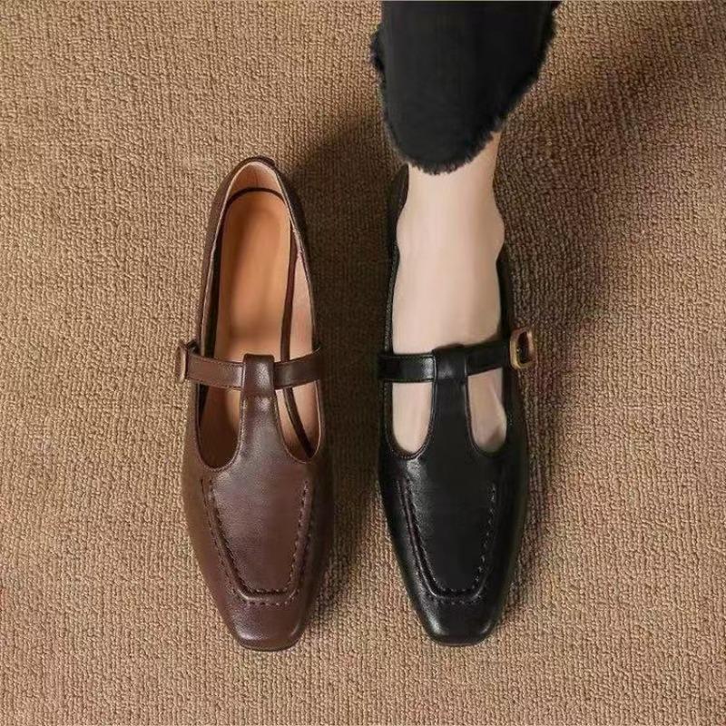 Autumn Soft-faced Retro-style T-shoes Medium Heel Temperament Buckle Comfortable Thick Heel Single Shoes Women