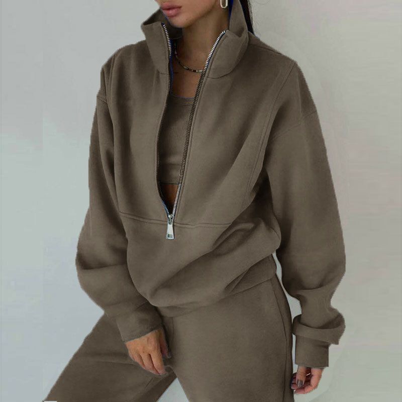 Fall and Winter New Arrival Fashion Stand Collar Zipper Fleece Loose Long Sleeve Sweatershirt Jogger Pants Pants Casual Sports Two-Piece Suit