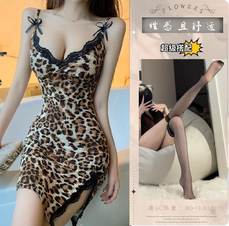 Sexy lingerie leopard print suspender nightgown passion seduction lace bed flirting suit flirting lingerie
