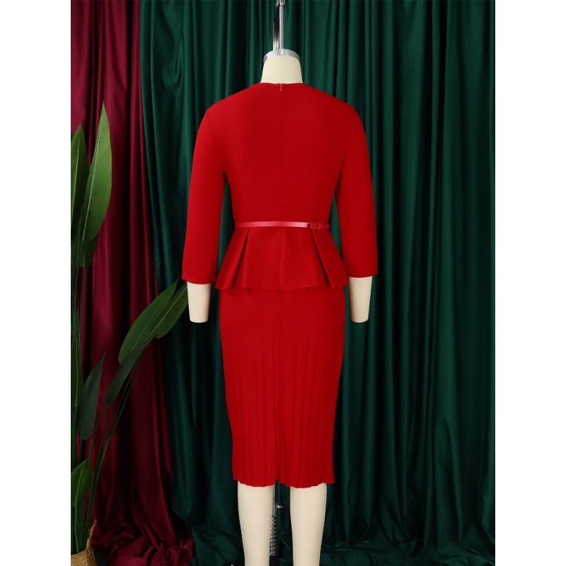 Women V Neck High Waist Solid Pencil Midi Office Commuting Dress
