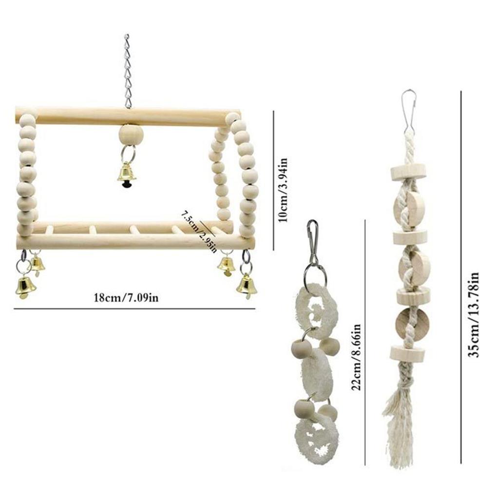 Parrot Bird Toy Set Swing Cage Accessories Wooden Color 7-Piece Set  Bird Toys  Interactive