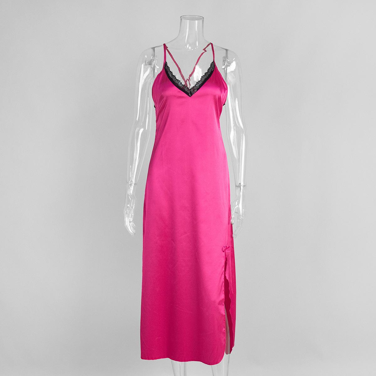 Lace lace long nightdress European and American spring and summer new sexy backless split long dress nightdress S