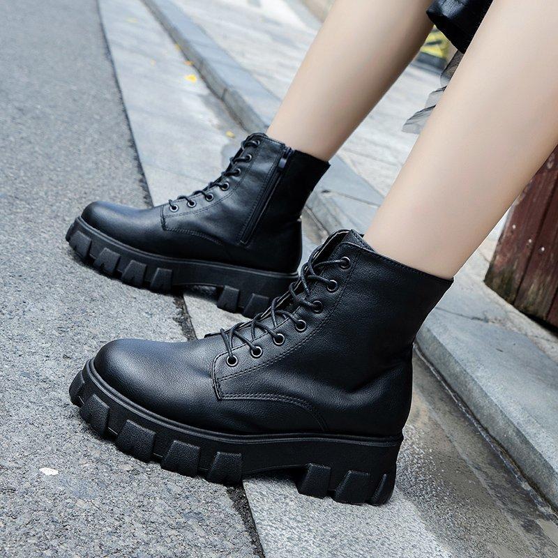 Fashion 2025 Autumn and Winter New British Style Round Toe Platform Women's Flat Mid-Cylinder Soft-Sole Boots