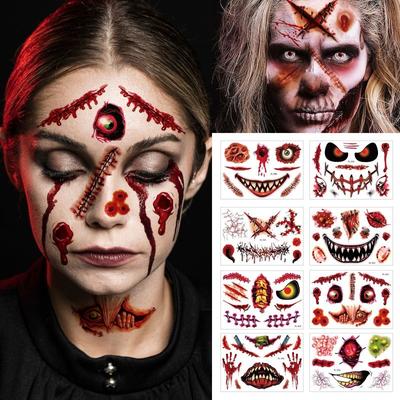 8 piezas/juego Venta Caliente 2024 Halloween Pegatinas de Tatuaje de Cara Espeluznante Mascarada Cicatrices Pegatinas de Cara Aterradoras Pegatinas de Tatuaje