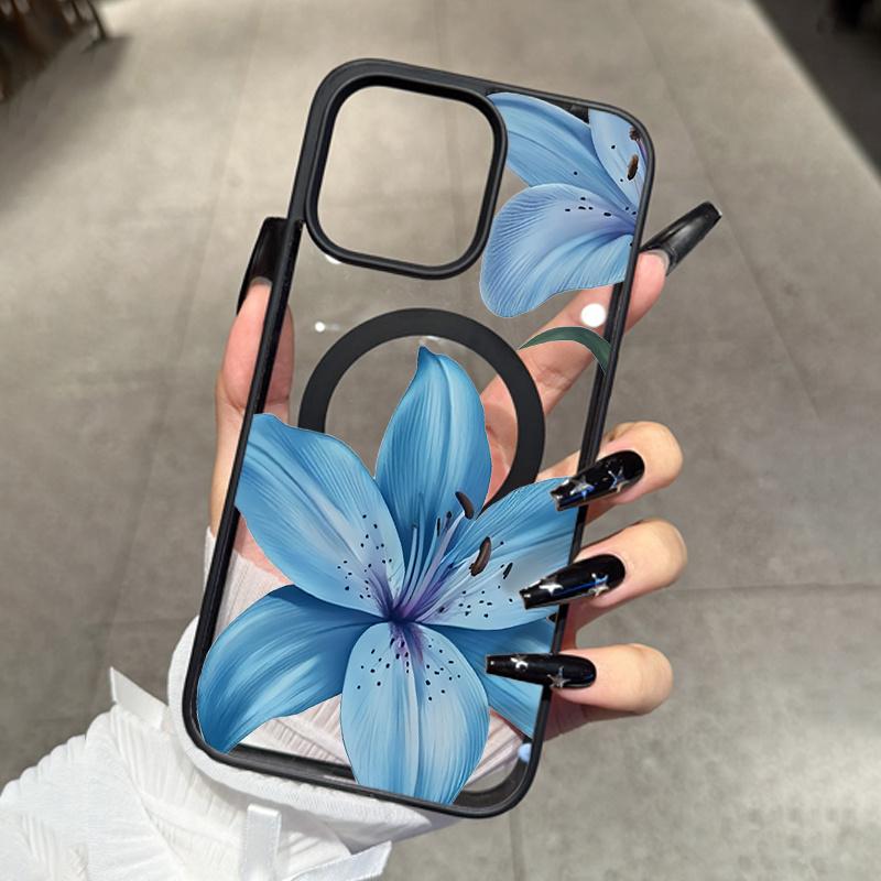 Blue Lily Flower Pattern Phone Case Suitable for iPhone 17, 16, 15, 14, 13, 12, 11 Pro/Max/Plus Anti Drop and Anti Shock