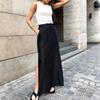 Black cotton silk long dress women's spring split fork high waist temperament commuting drape European and American skirt