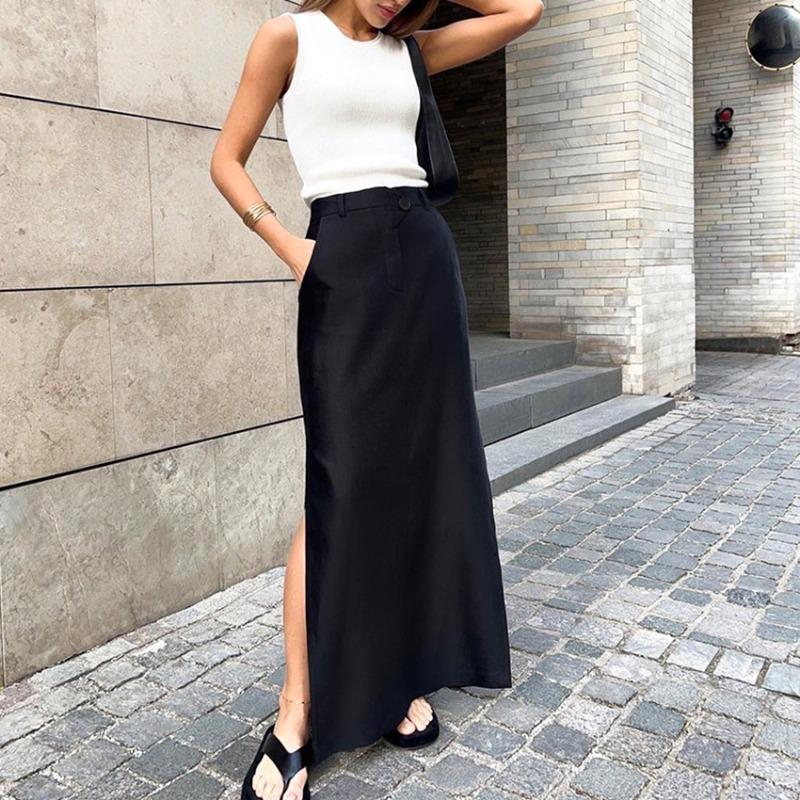 Black cotton silk long dress women's spring split fork high waist temperament commuting drape European and American skirt