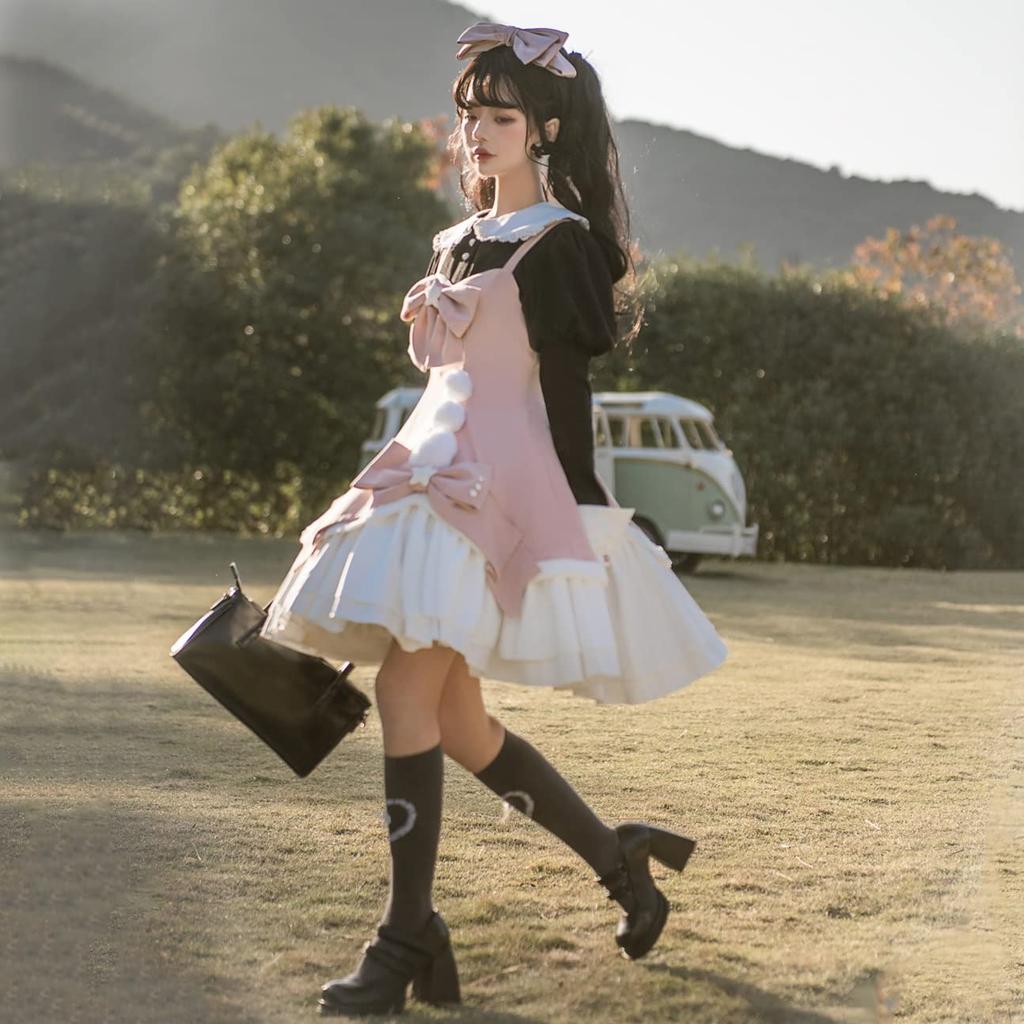 [Milky Time] 3-Piece Set: Lolita Dress, Jumper Skirt, and Power Shoulder Strap with Blouse (Pink x Black)